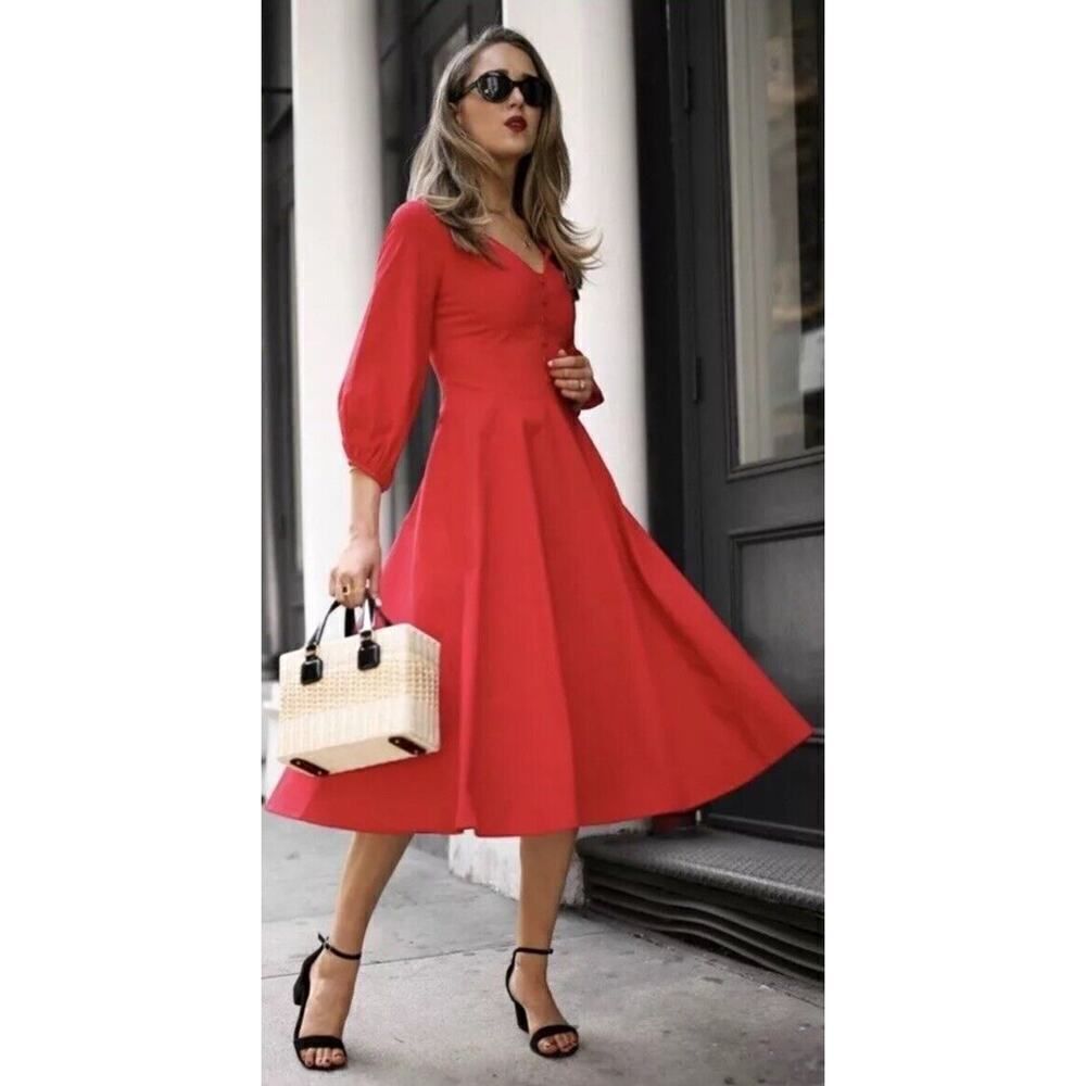 STAUD Red V-Neck Midi Dress with Three-Quarter Puff Sleeves